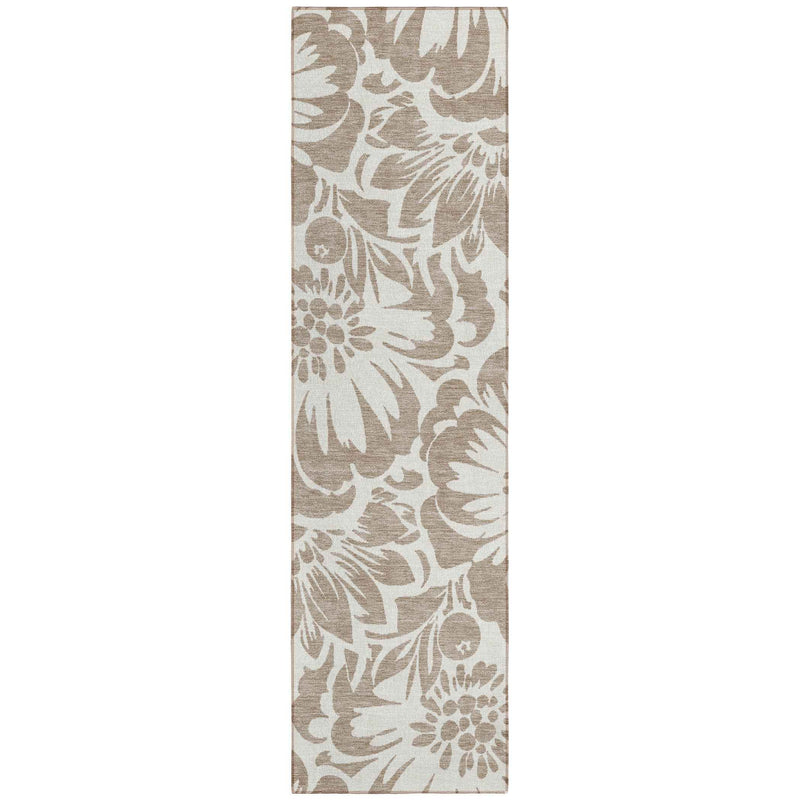 2' X 8' Taupe and Ivory Floral Washable Non Skid Indoor Outdoor Runner Rug