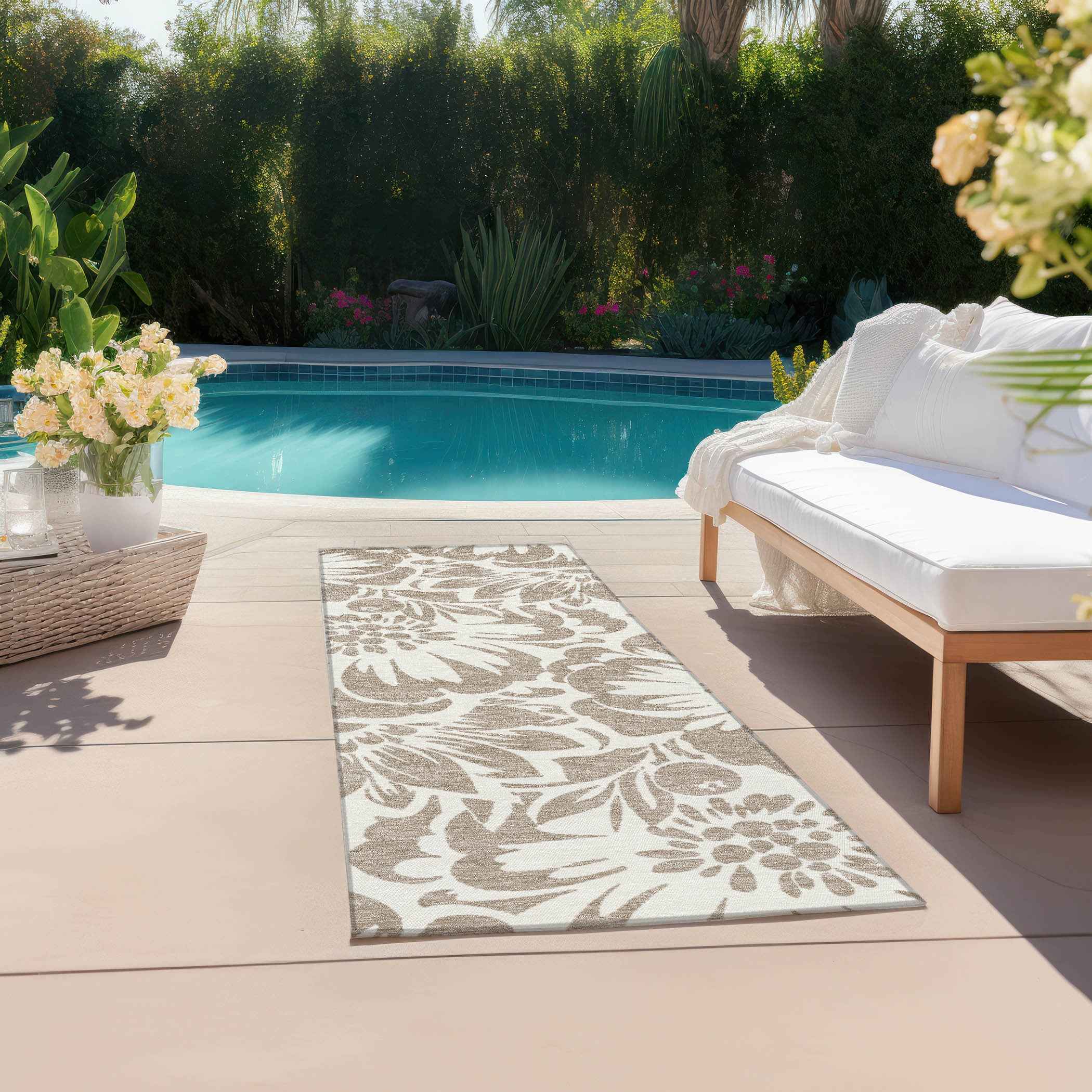 2' X 8' Taupe and Ivory Floral Washable Non Skid Indoor Outdoor Runner Rug
