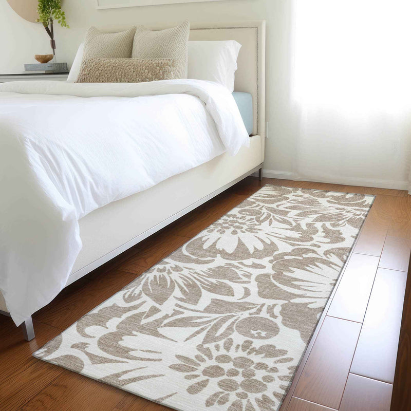 2' X 8' Taupe and Ivory Floral Washable Non Skid Indoor Outdoor Runner Rug