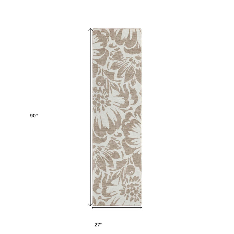 2' X 8' Taupe and Ivory Floral Washable Non Skid Indoor Outdoor Runner Rug
