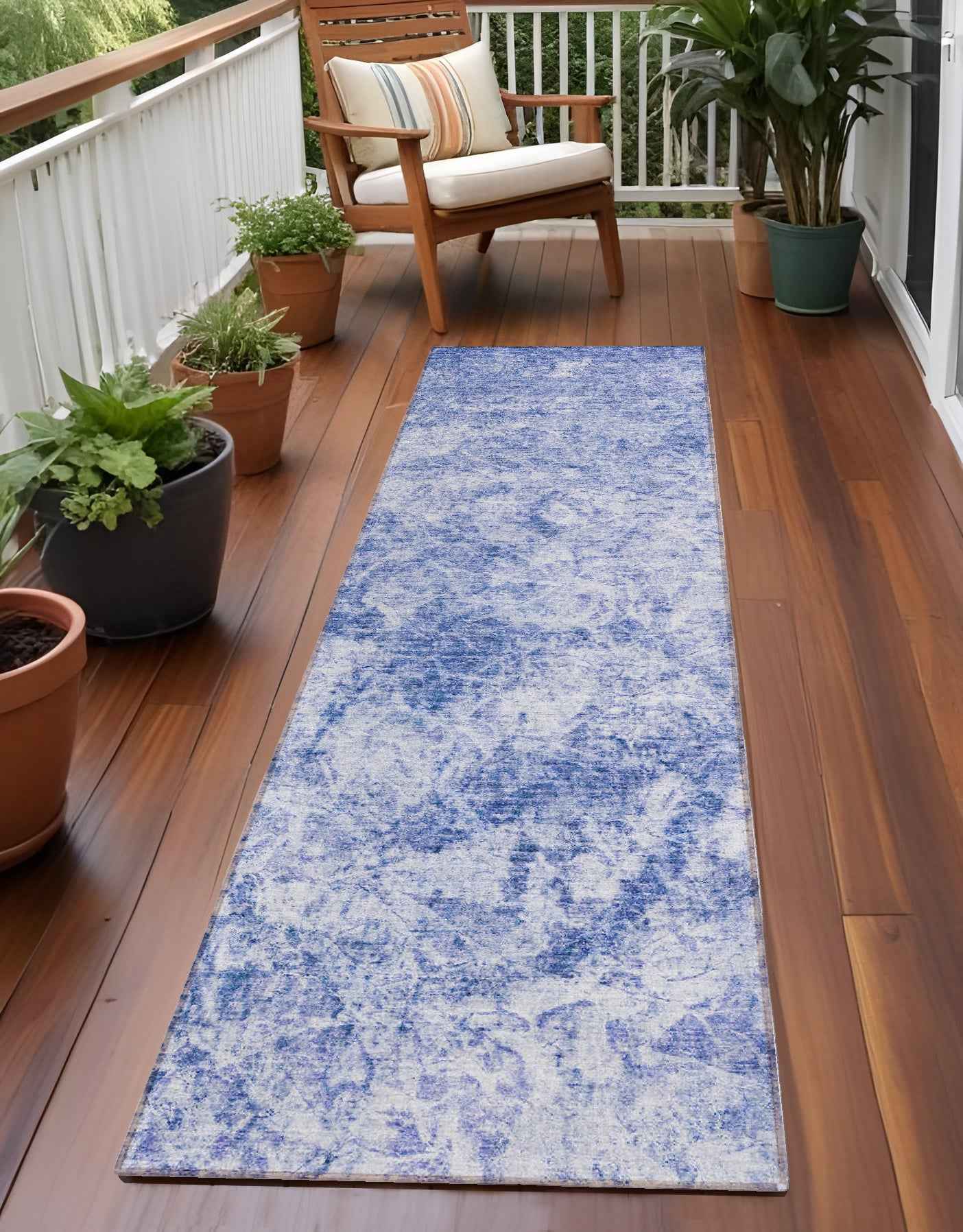 8' Runner Blue Abstract Washable Non Skid Indoor Outdoor Runner Rug