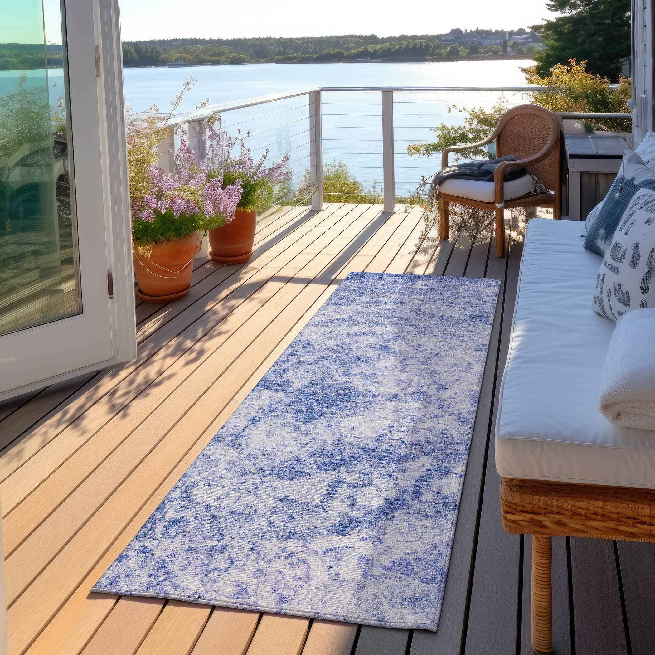 8' Runner Blue Abstract Washable Non Skid Indoor Outdoor Runner Rug