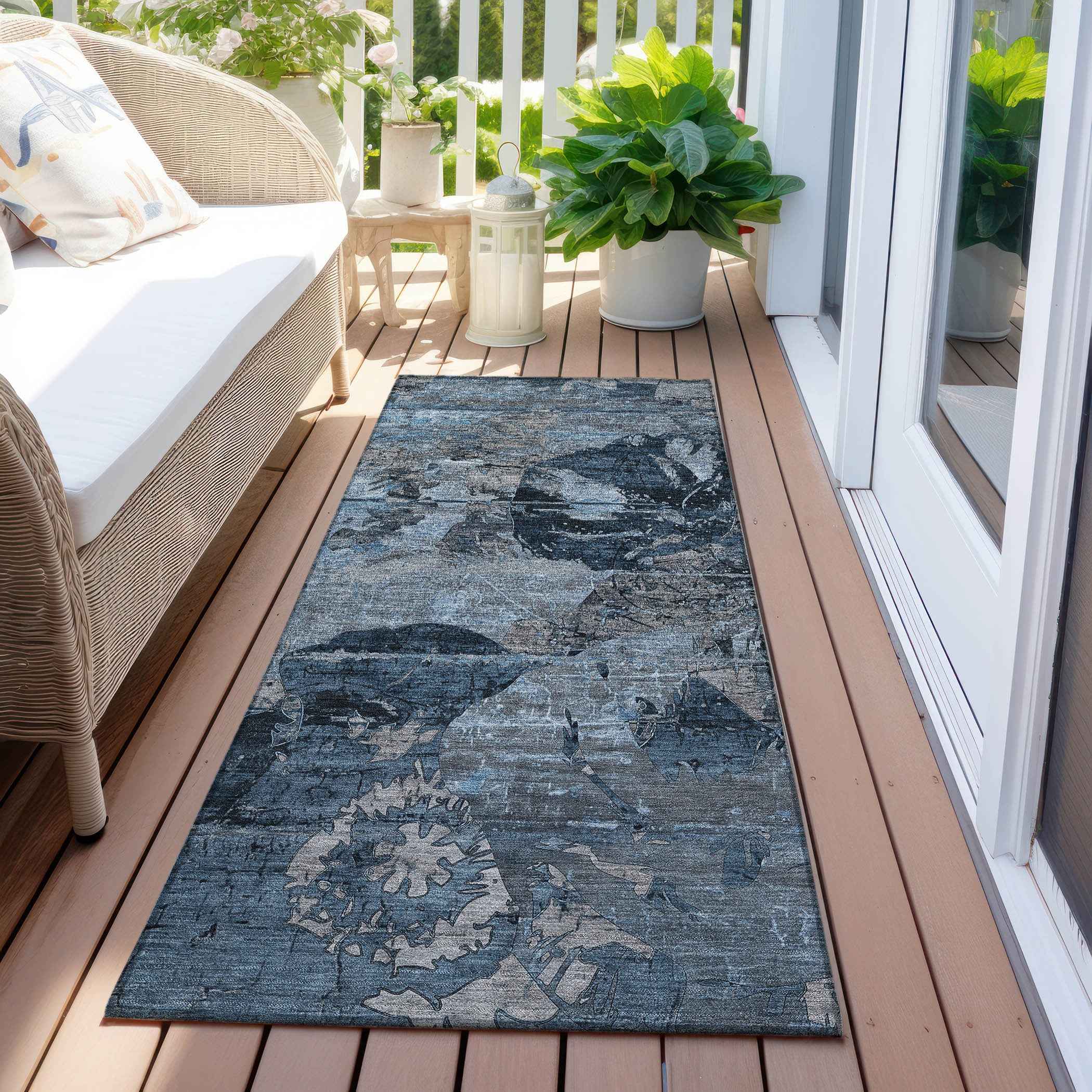 2' X 8' Blue and Dark Blue Abstract Washable Indoor Outdoor Runner Rug