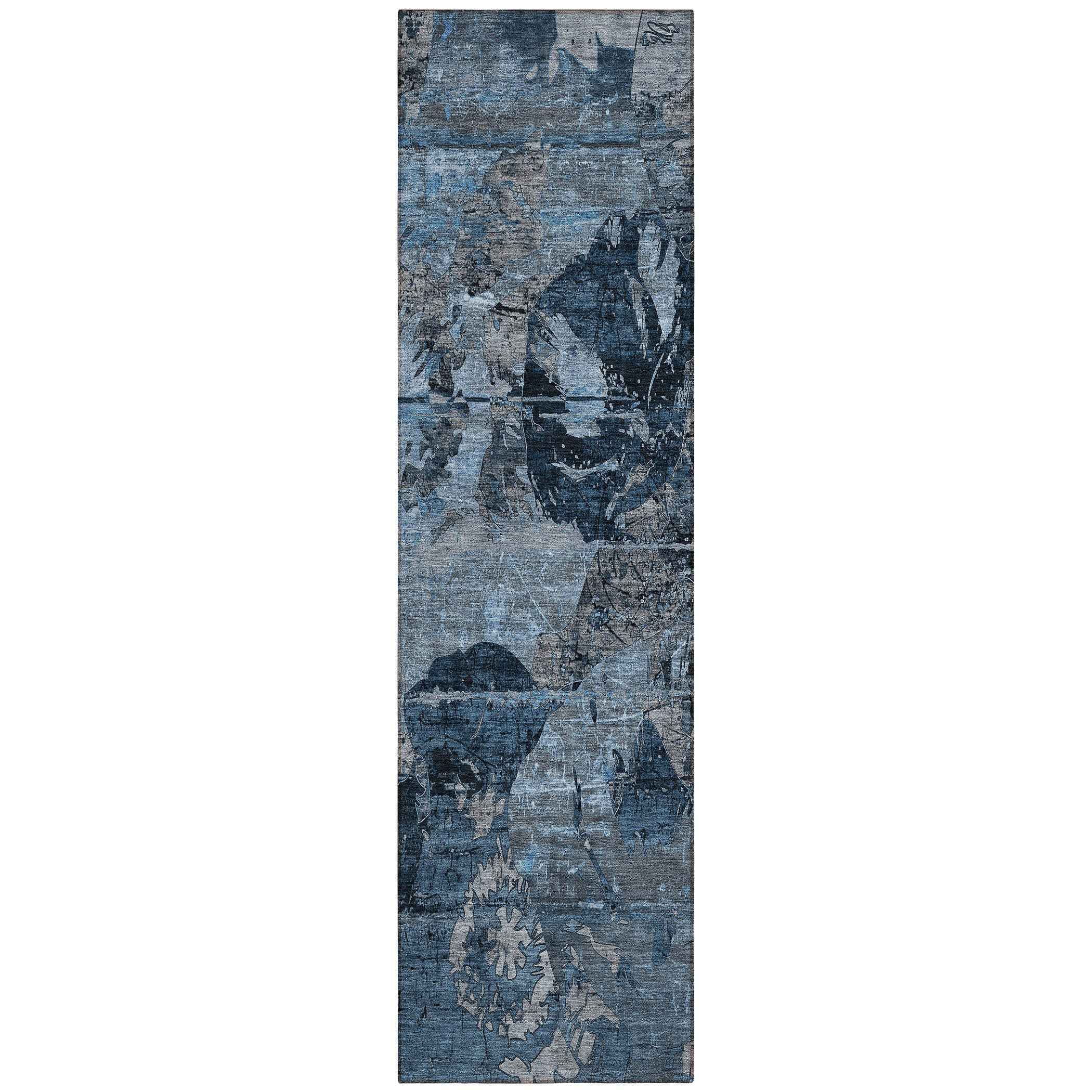 2' X 8' Blue and Dark Blue Abstract Washable Indoor Outdoor Runner Rug