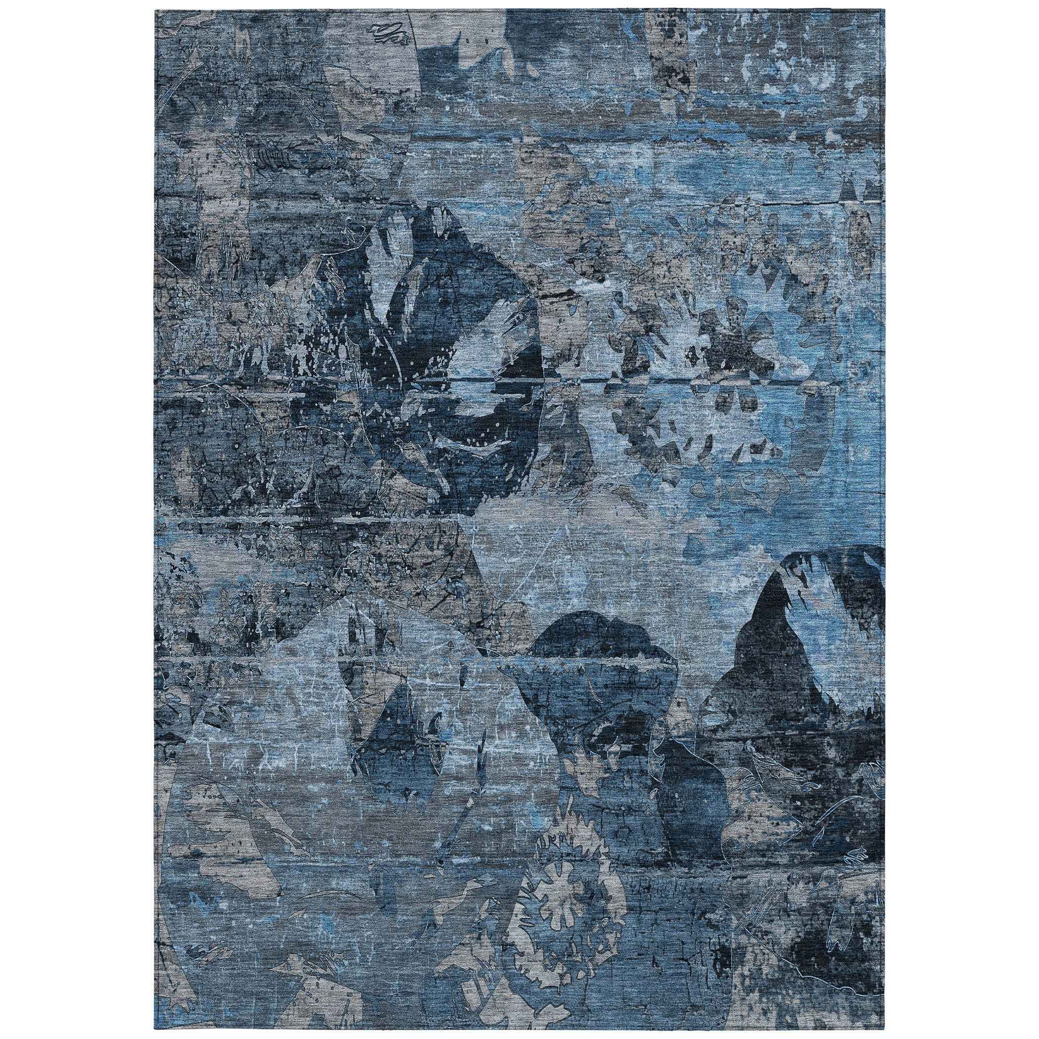 9' X 12' Blue And Dark Blue Floral Washable Indoor Outdoor Area Rug