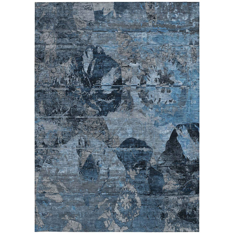9' X 12' Blue And Dark Blue Floral Washable Indoor Outdoor Area Rug