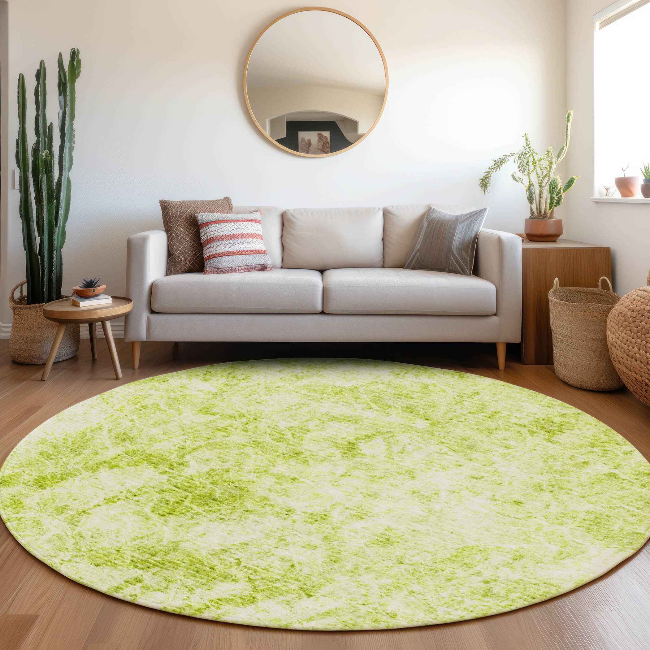8' Round Lime Green Round Abstract Washable Non Skid Indoor Outdoor Area Rug