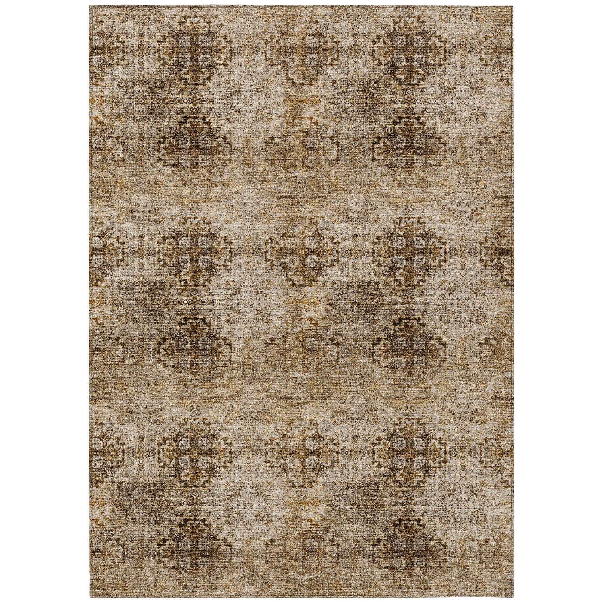 5' X 8' Taupe Floral Medallion Washable Non Skid Indoor Outdoor Area Rug