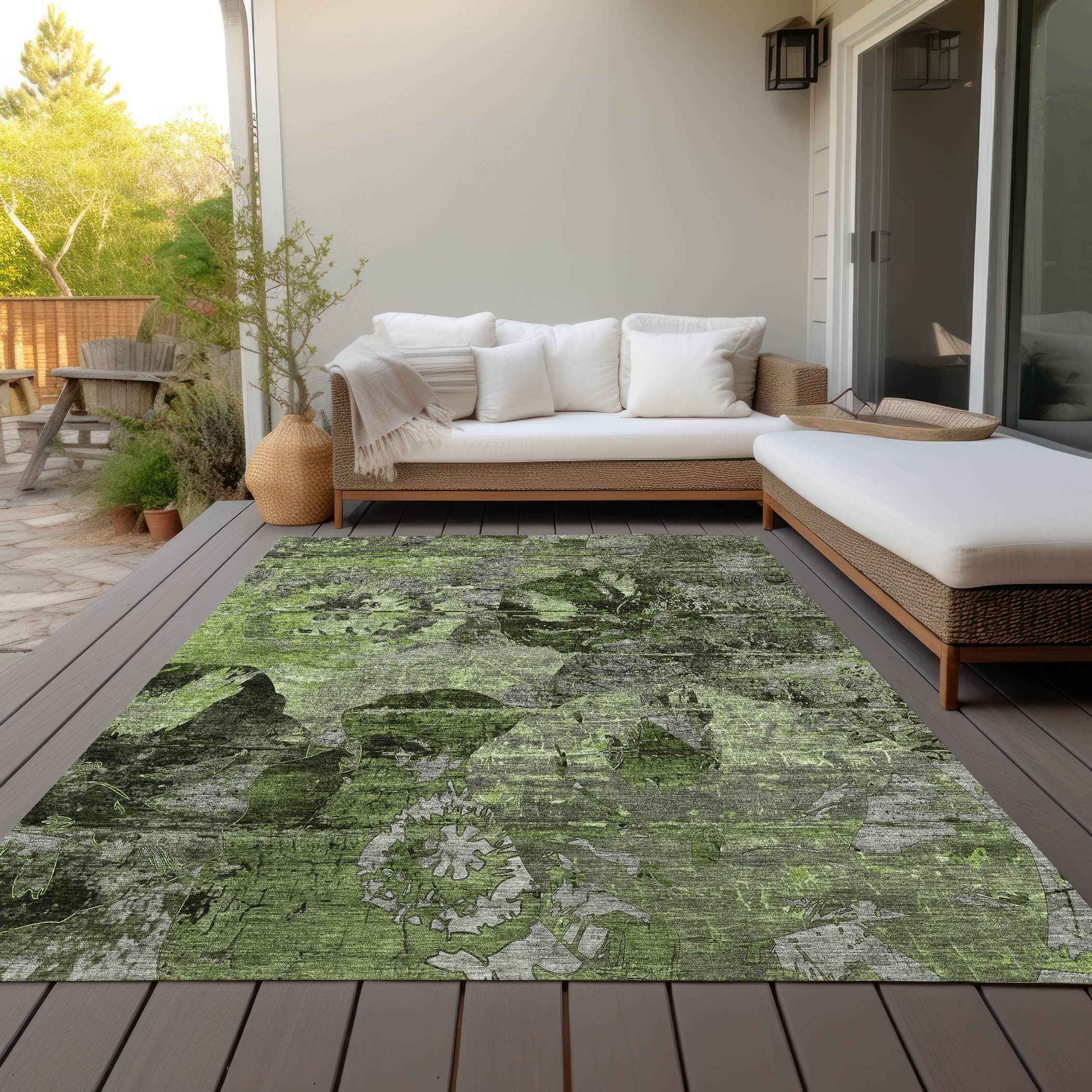 5' X 8' Green and Gray Abstract Washable Indoor Outdoor Area Rug