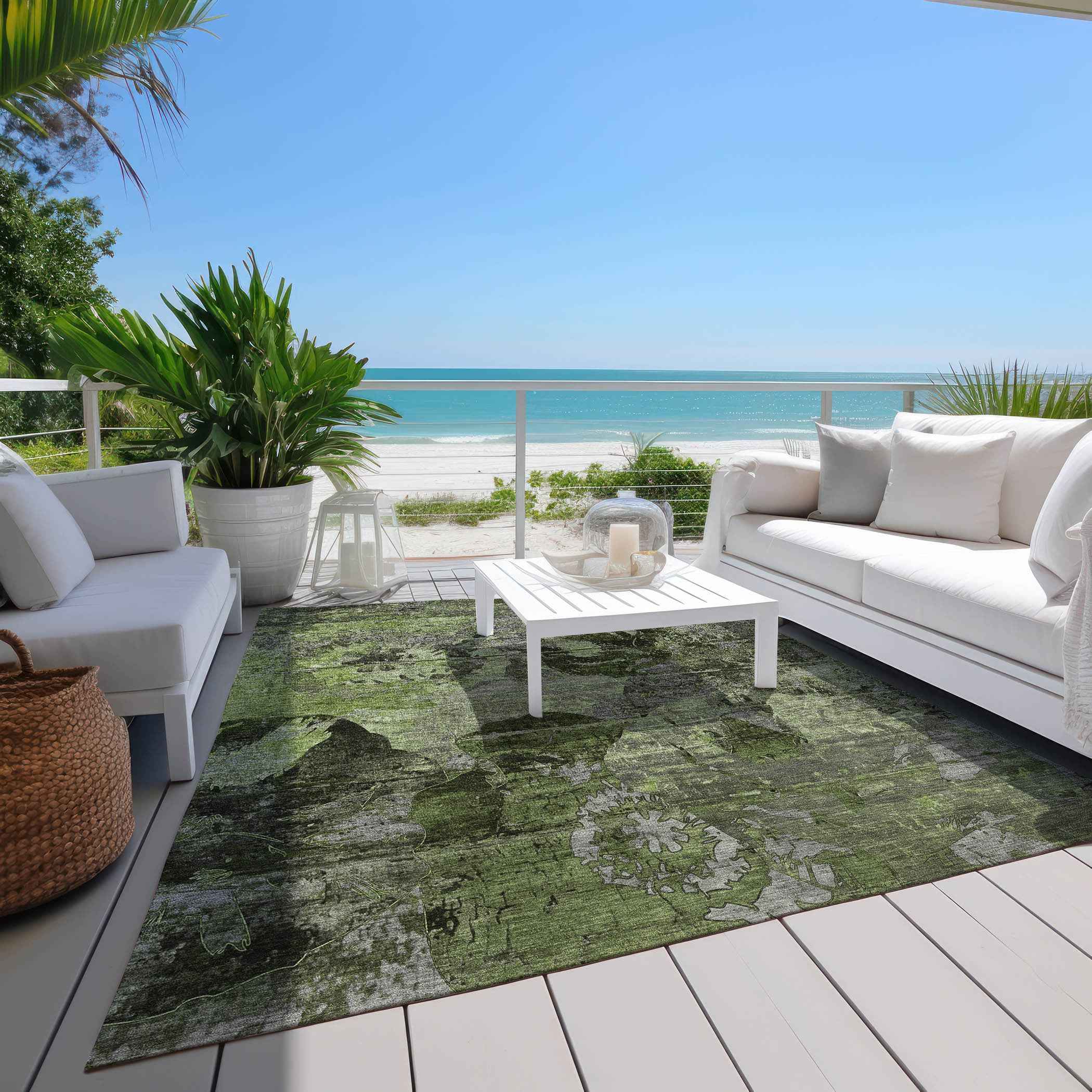 5' X 8' Green and Gray Abstract Washable Indoor Outdoor Area Rug