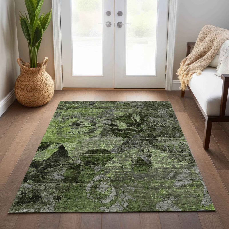 5' X 8' Green and Gray Abstract Washable Indoor Outdoor Area Rug