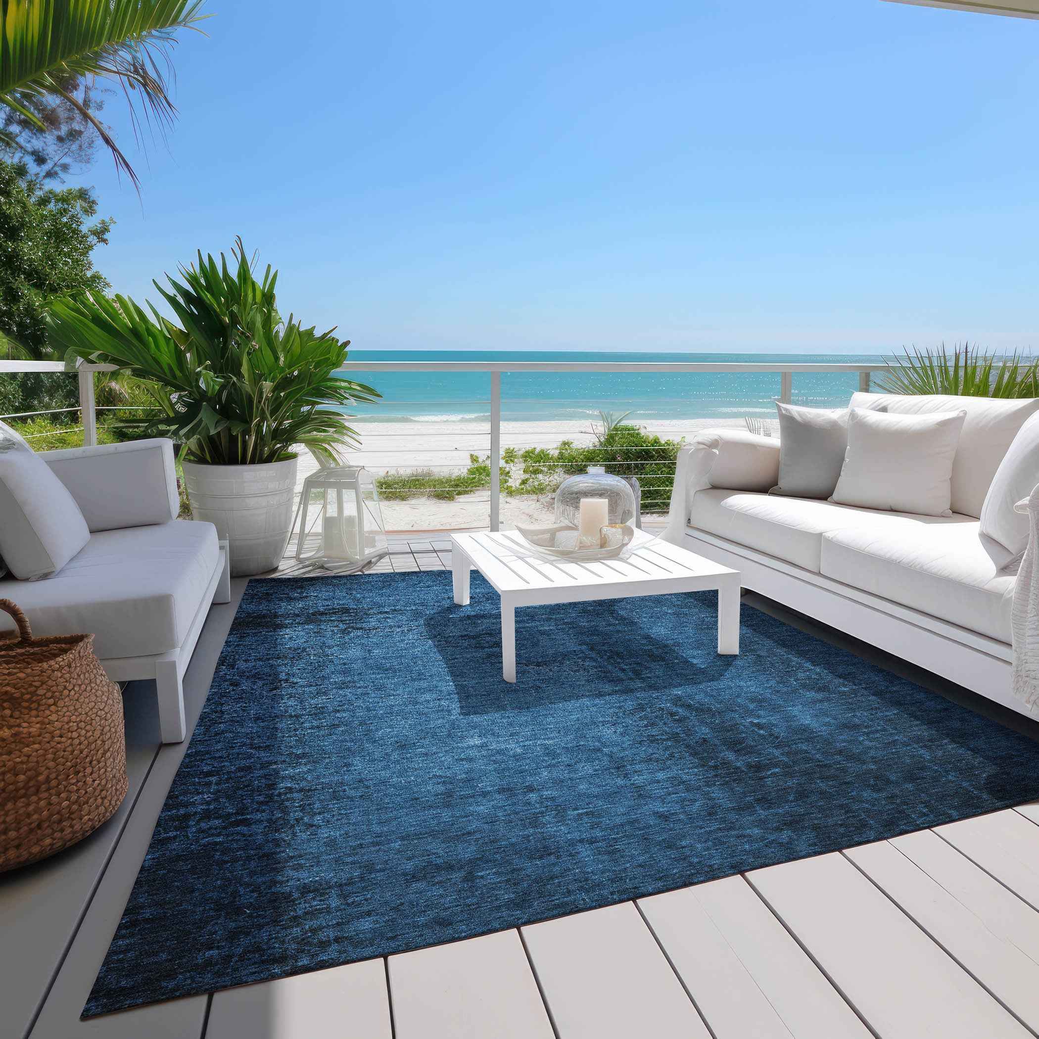 9' X 12' Navy Blue Abstract Washable Non Skid Indoor Outdoor Area Rug