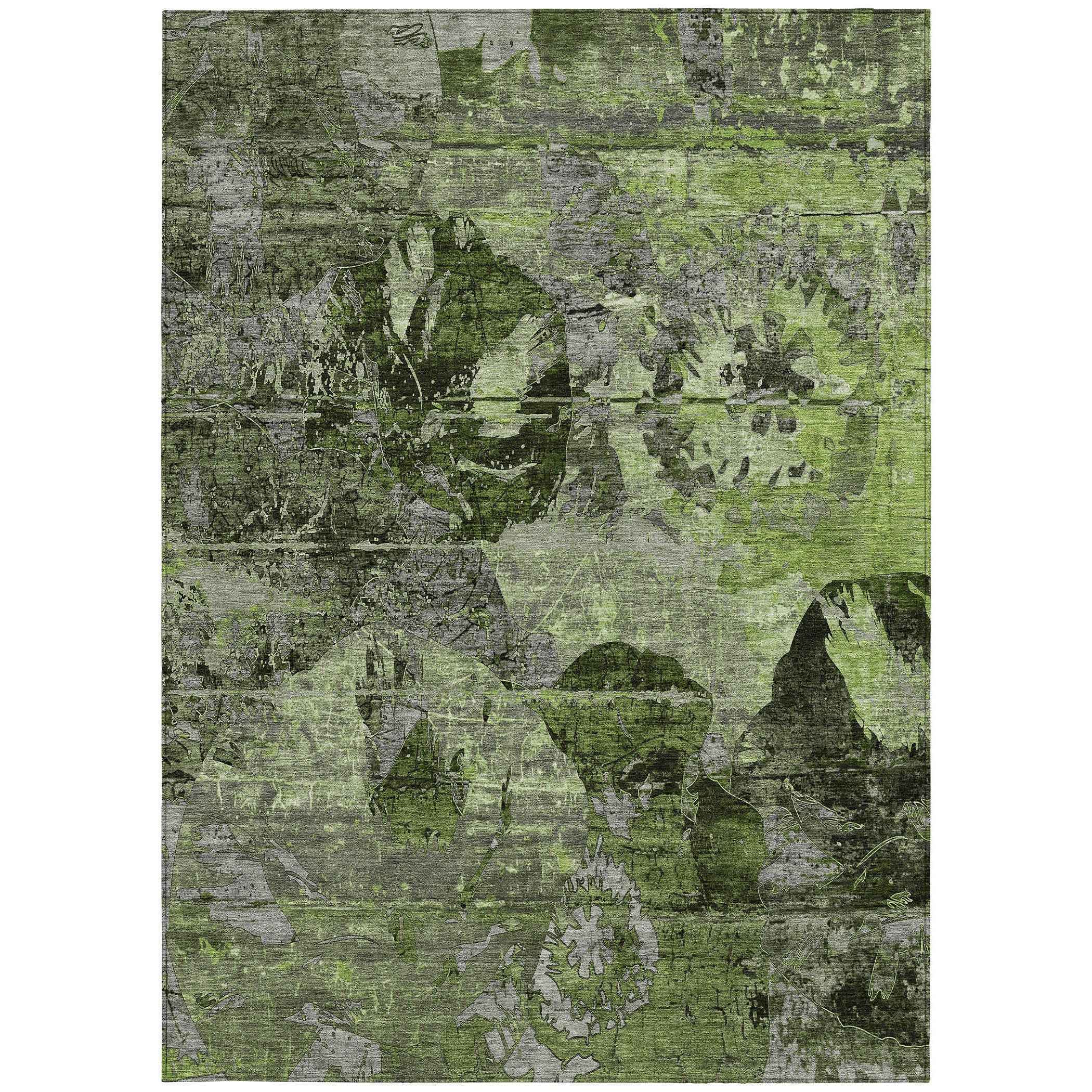 9' X 12' Green And Gray Floral Washable Indoor Outdoor Area Rug