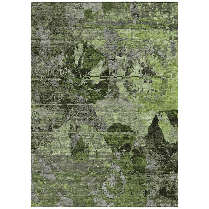 9' X 12' Green And Gray Floral Washable Indoor Outdoor Area Rug