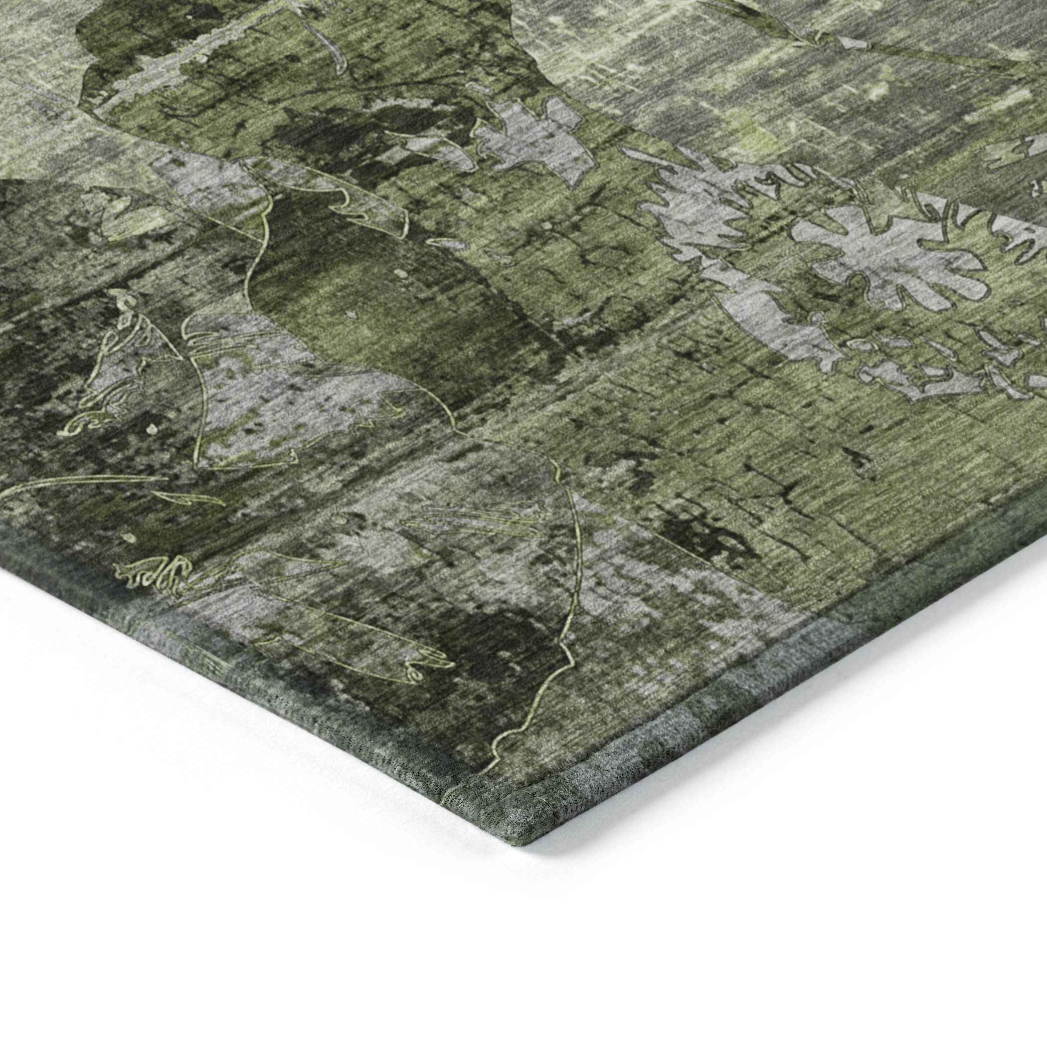 9' X 12' Green And Gray Floral Washable Indoor Outdoor Area Rug