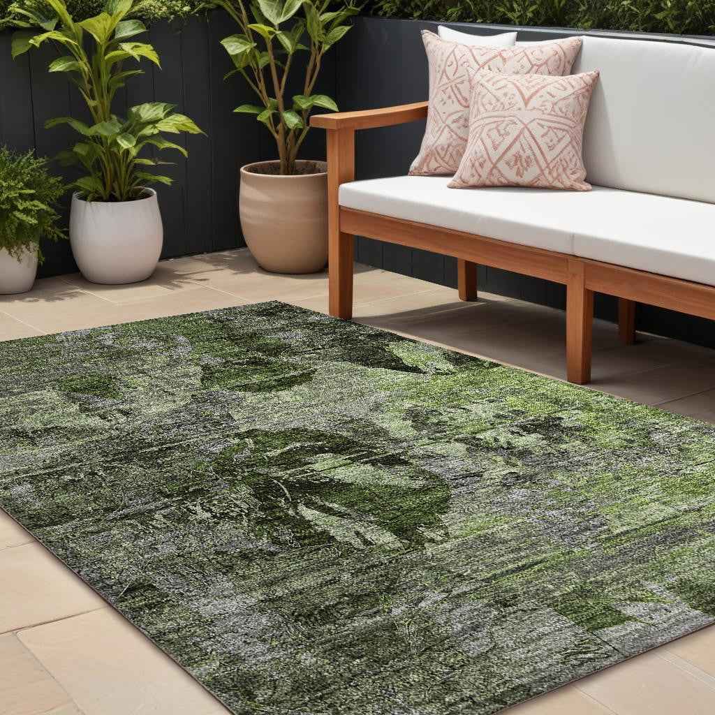9' X 12' Green And Gray Floral Washable Indoor Outdoor Area Rug