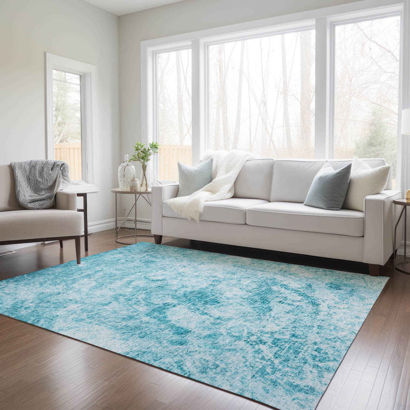 3' X 5' Teal Abstract Washable Non Skid Indoor Outdoor Area Rug