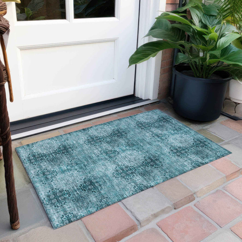 2' X 3' Teal Floral Medallion Washable Non Skid Indoor Outdoor Area Rug