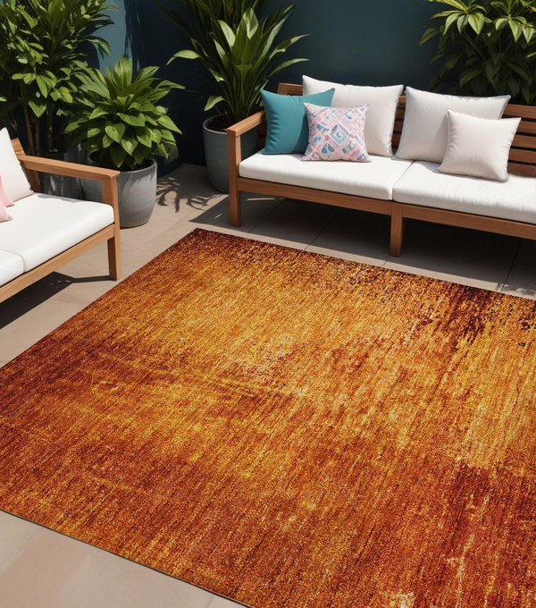 10' X 14' Orange Abstract Washable Non Skid Indoor Outdoor Area Rug