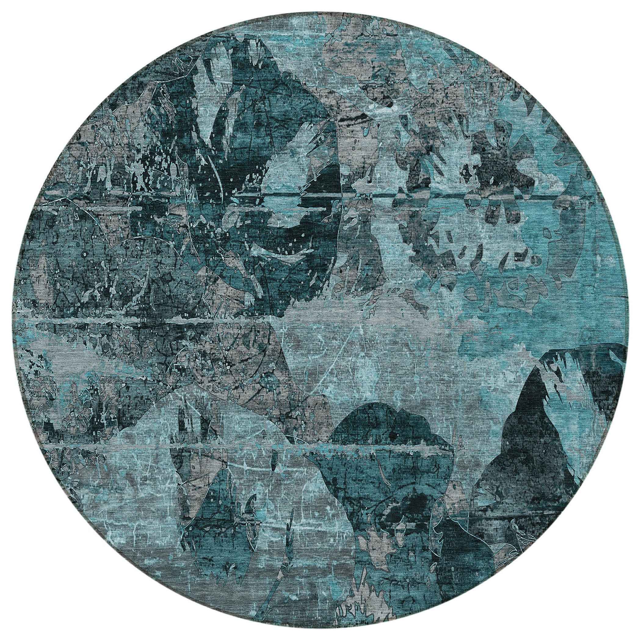 8' Round Teal and Gray Round Floral Washable Non Skid Indoor Outdoor Area Rug
