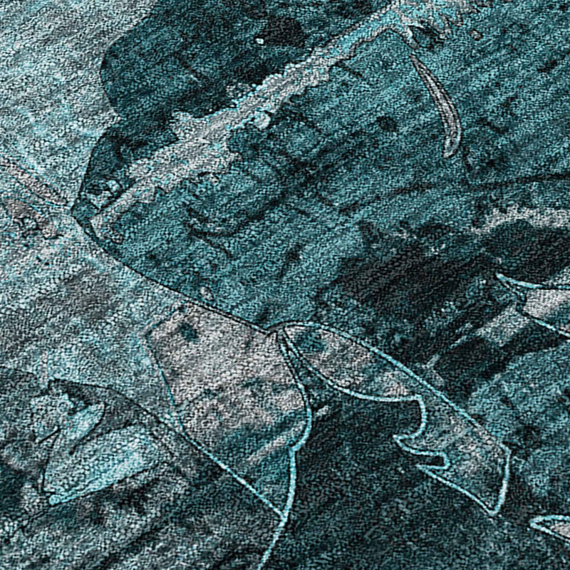 8' Round Teal and Gray Round Floral Washable Non Skid Indoor Outdoor Area Rug