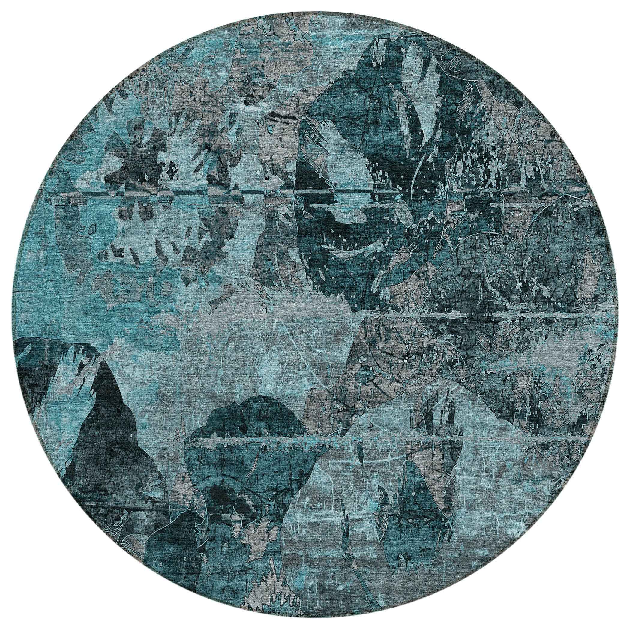 8' Round Teal and Gray Round Floral Washable Non Skid Indoor Outdoor Area Rug