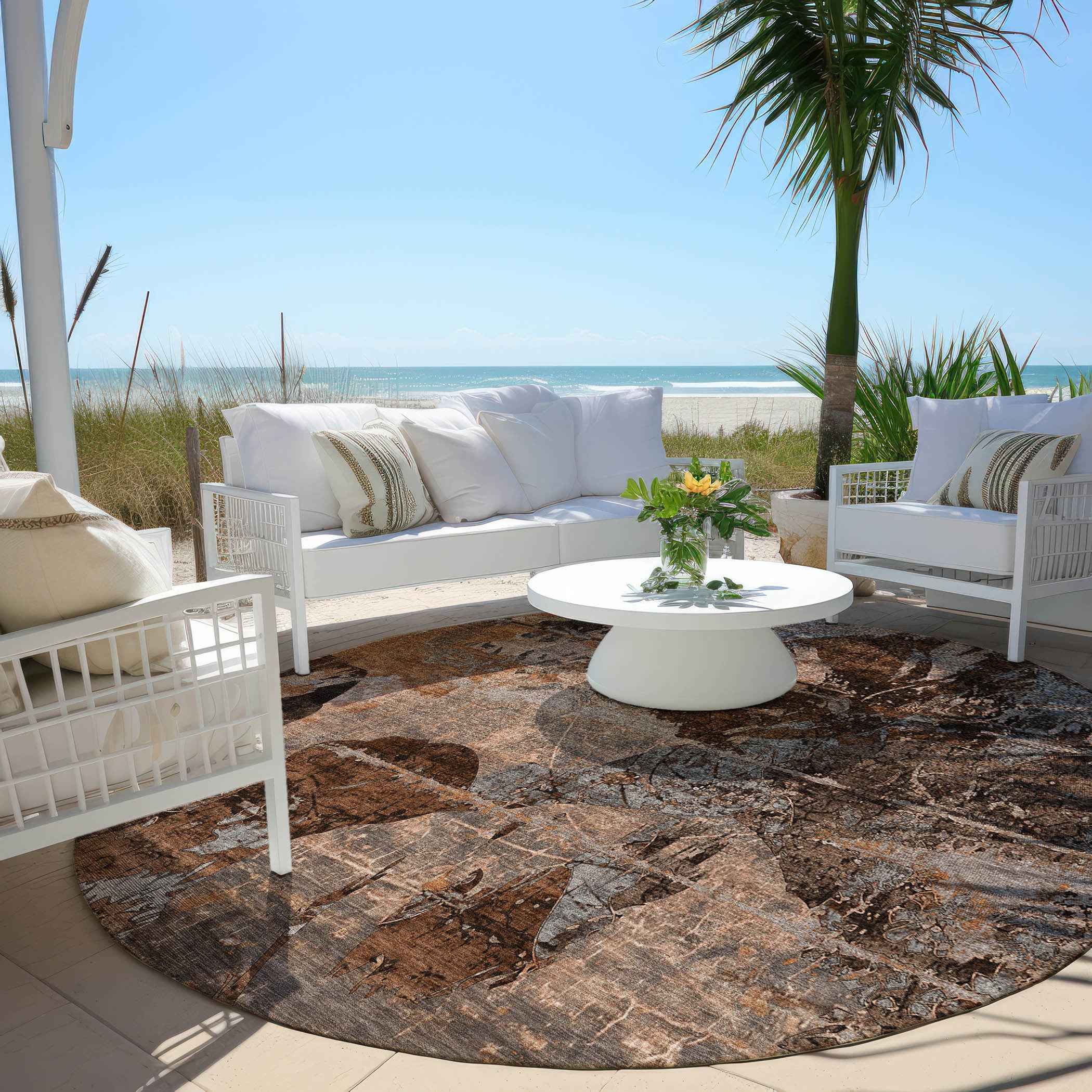 8' Round Brown Terracotta and Gray Round Floral Washable Non Skid Indoor Outdoor Area Rug