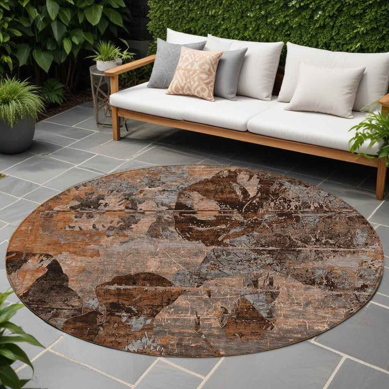 8' Round Brown Terracotta and Gray Round Floral Washable Non Skid Indoor Outdoor Area Rug