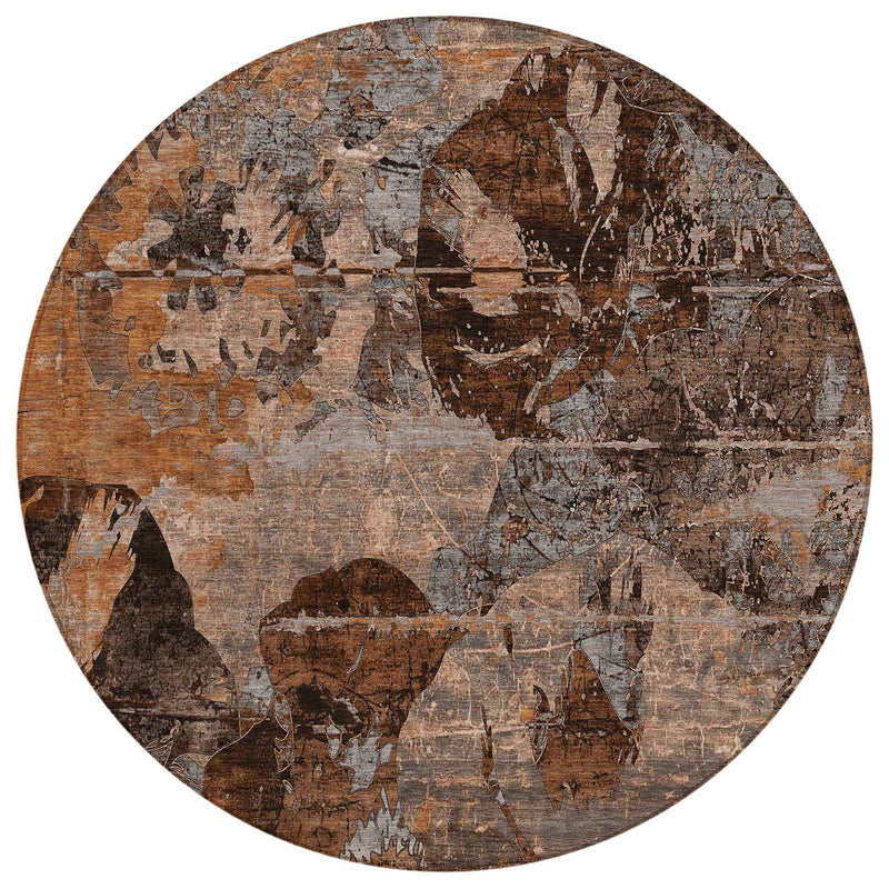 8' Round Brown Terracotta and Gray Round Floral Washable Non Skid Indoor Outdoor Area Rug