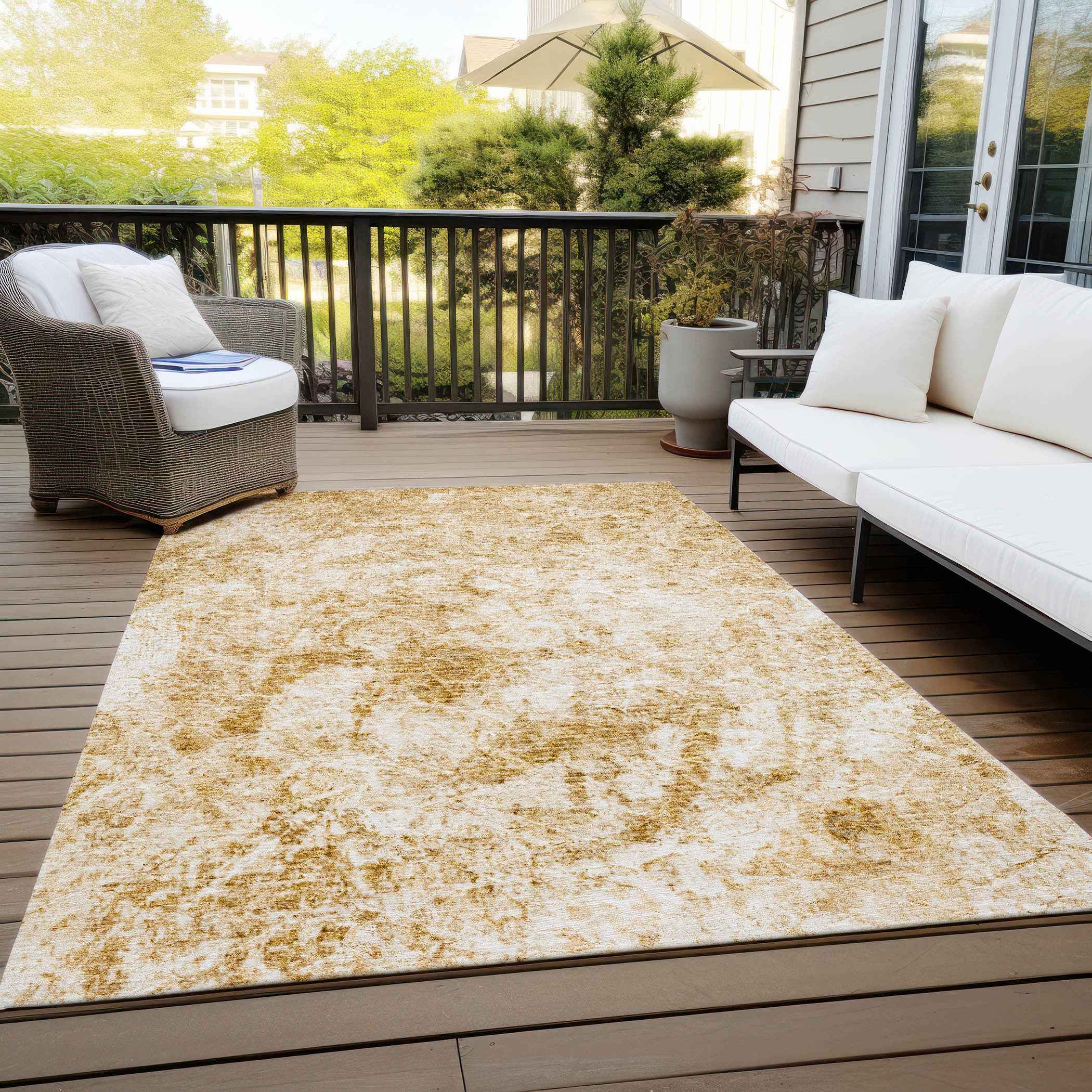3' X 5' Cream and Gold Abstract Washable Non Skid Indoor Outdoor Area Rug
