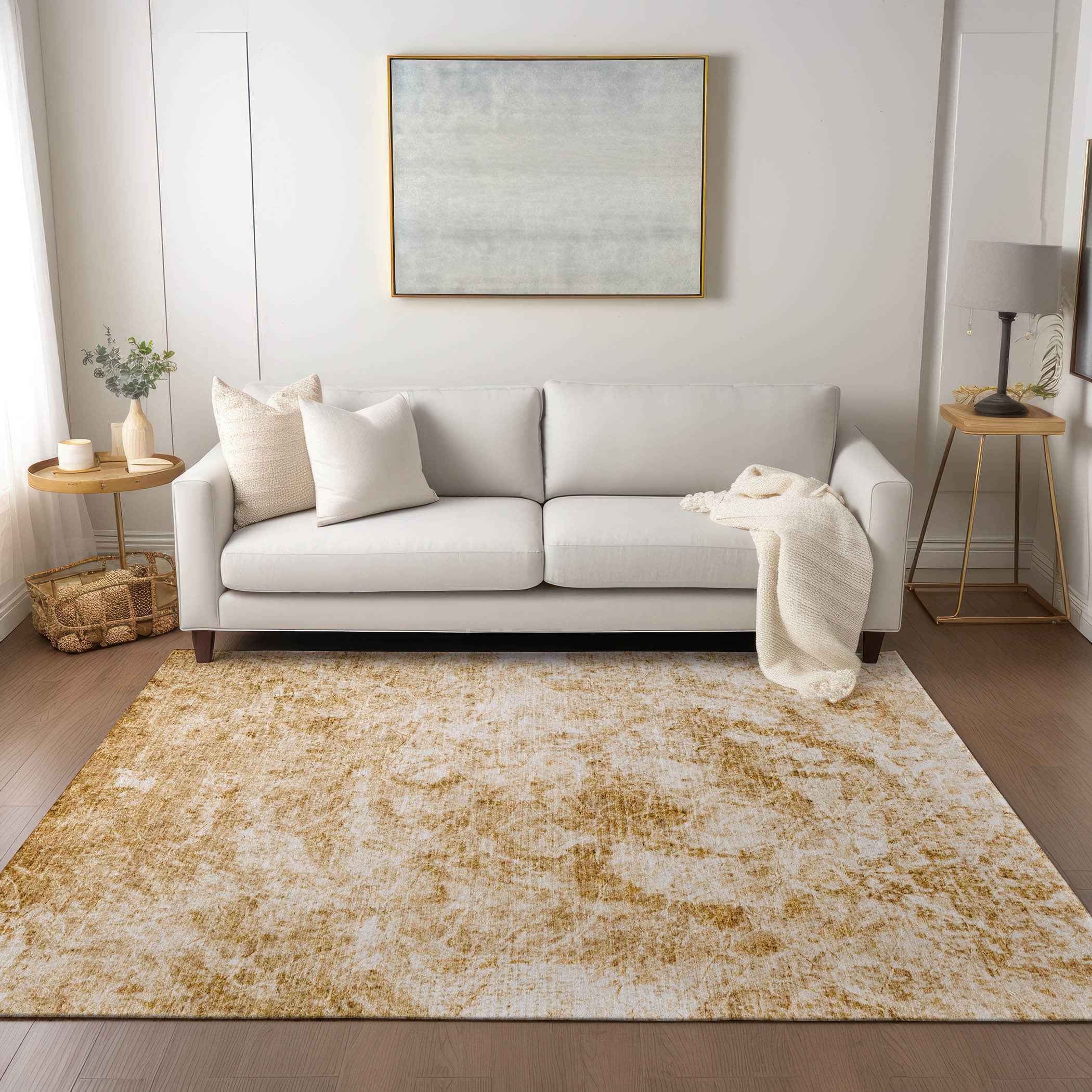 3' X 5' Cream and Gold Abstract Washable Non Skid Indoor Outdoor Area Rug