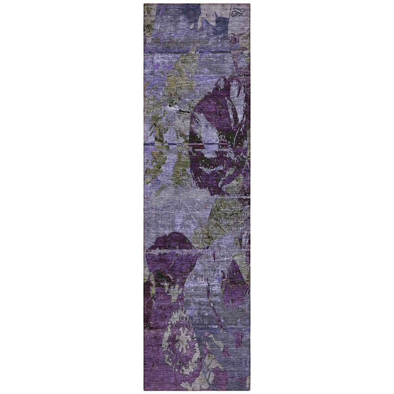 2' X 8' Purple and Green Abstract Washable Indoor Outdoor Runner Rug
