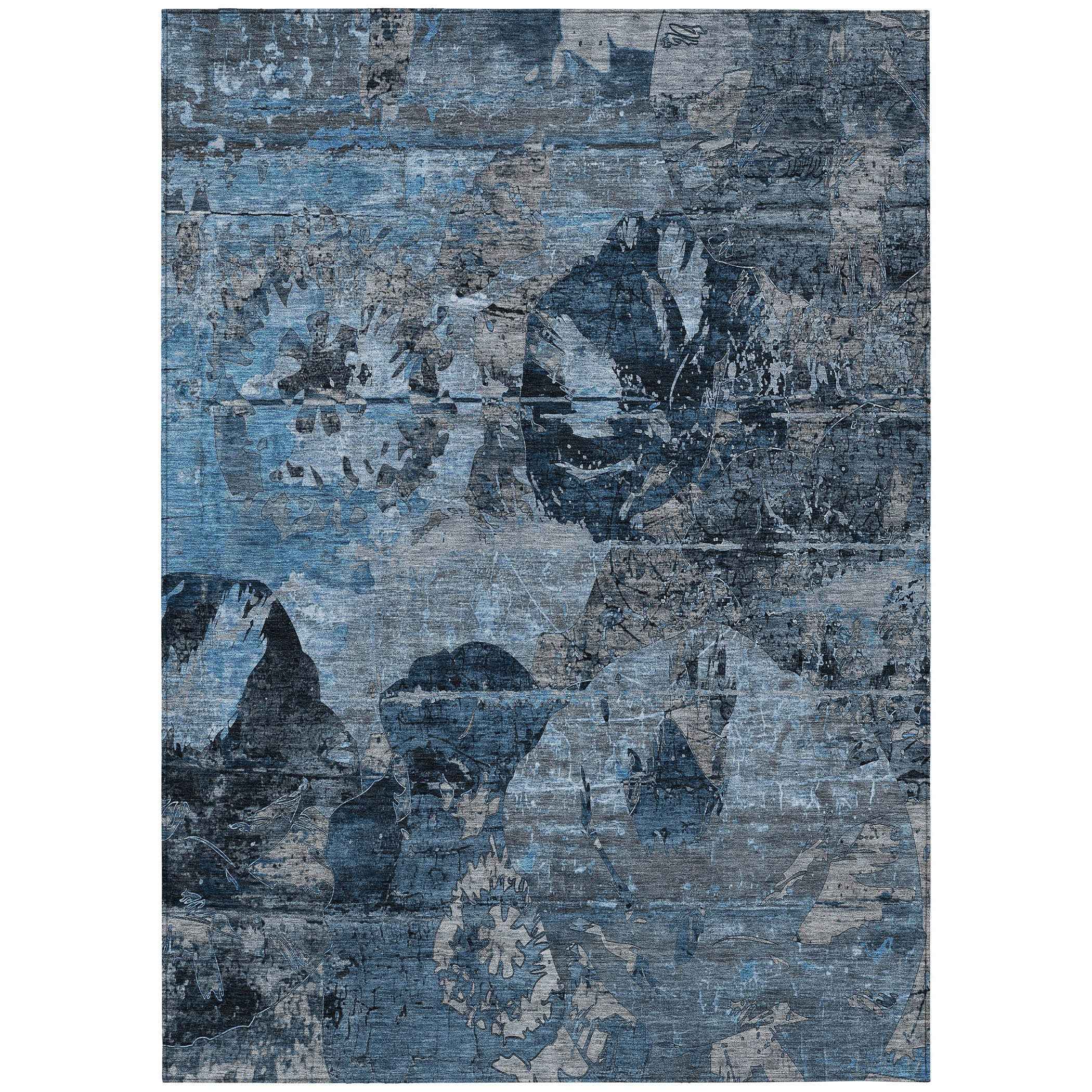 10' X 14' Blue and Dark Blue Floral Washable Non Skid Indoor Outdoor Area Rug