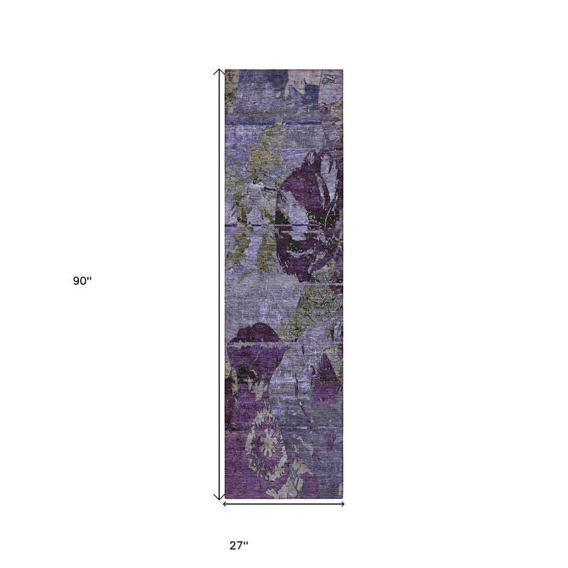 2' X 8' Purple and Green Abstract Washable Indoor Outdoor Runner Rug
