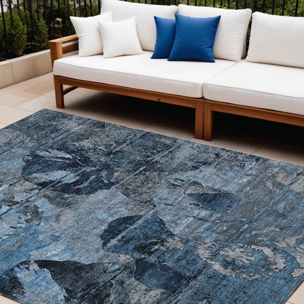 10' X 14' Blue and Dark Blue Floral Washable Non Skid Indoor Outdoor Area Rug