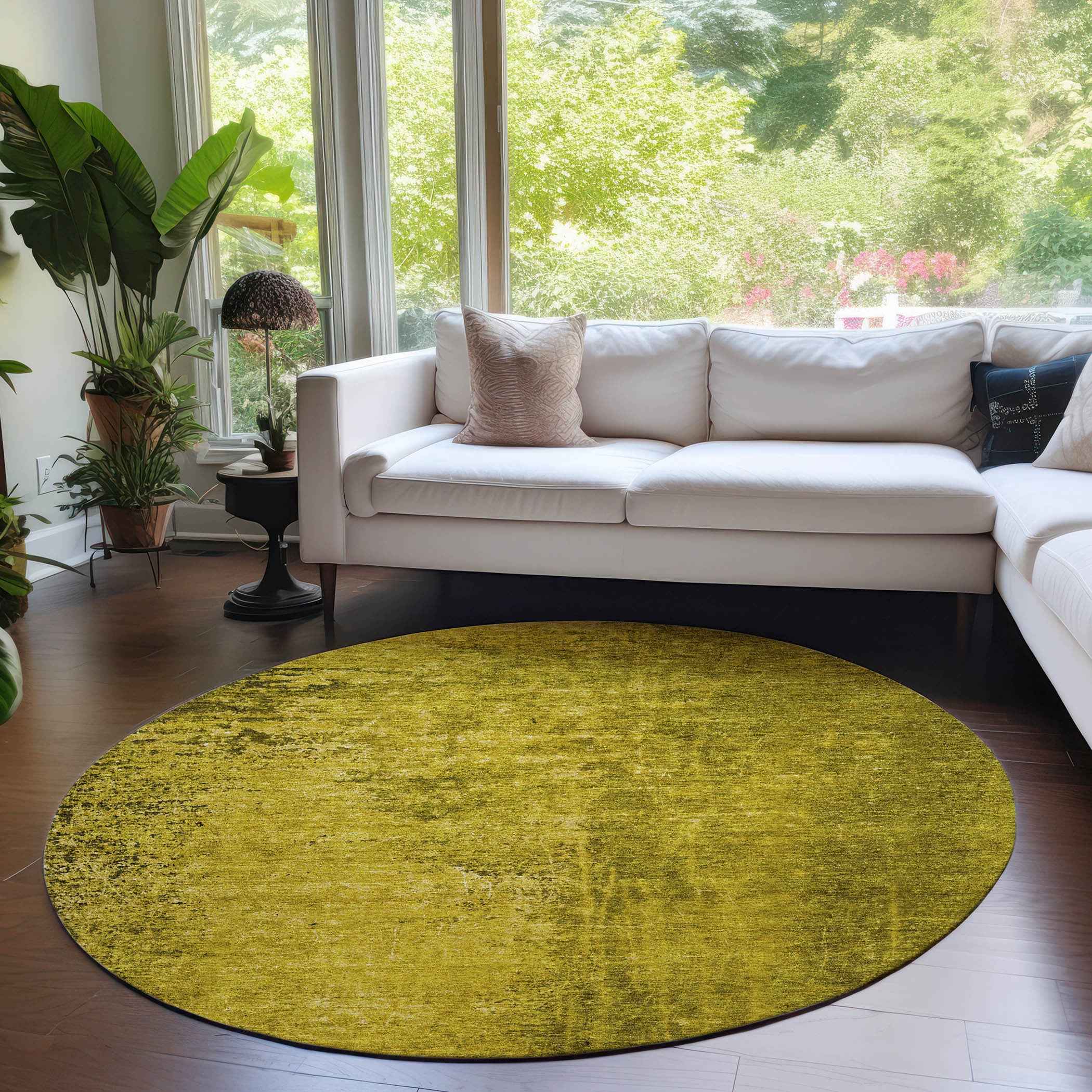 8' Round Gold Round Abstract Washable Non Skid Indoor Outdoor Area Rug