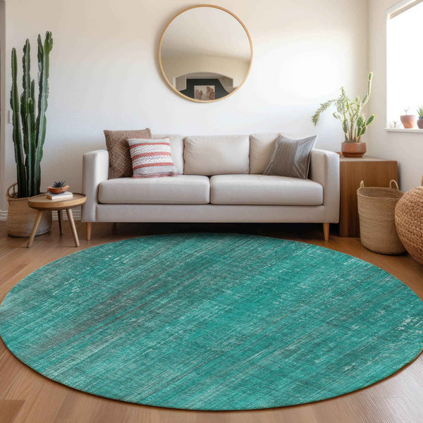 8' Round Teal Round Striped Washable Non Skid Indoor Outdoor Area Rug