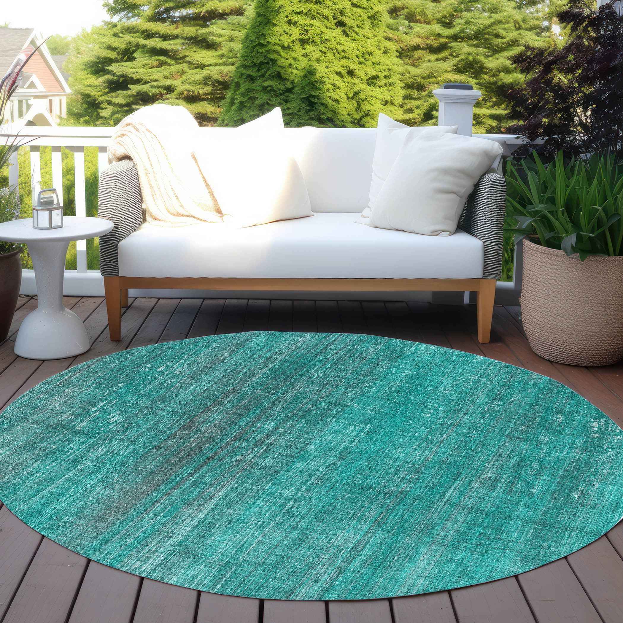 8' Round Teal Round Striped Washable Non Skid Indoor Outdoor Area Rug