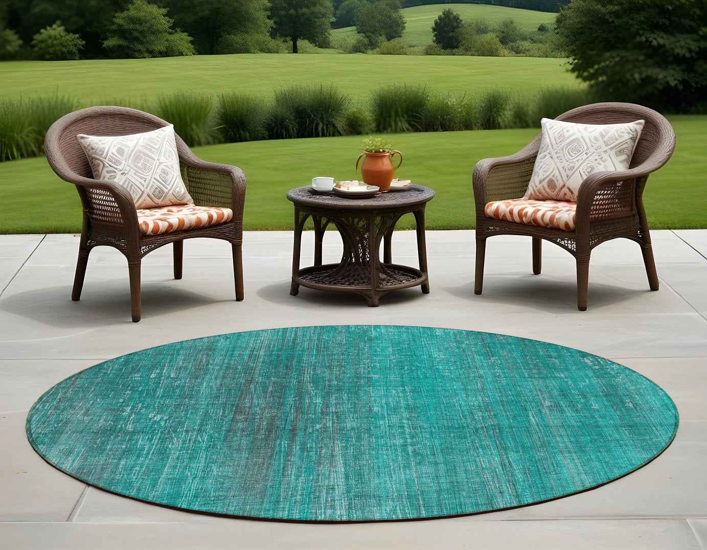 8' Round Teal Round Striped Washable Non Skid Indoor Outdoor Area Rug