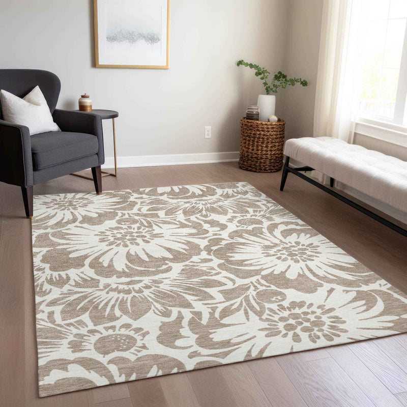 8' X 10' Taupe and Ivory Floral Washable Non Skid Indoor Outdoor Area Rug