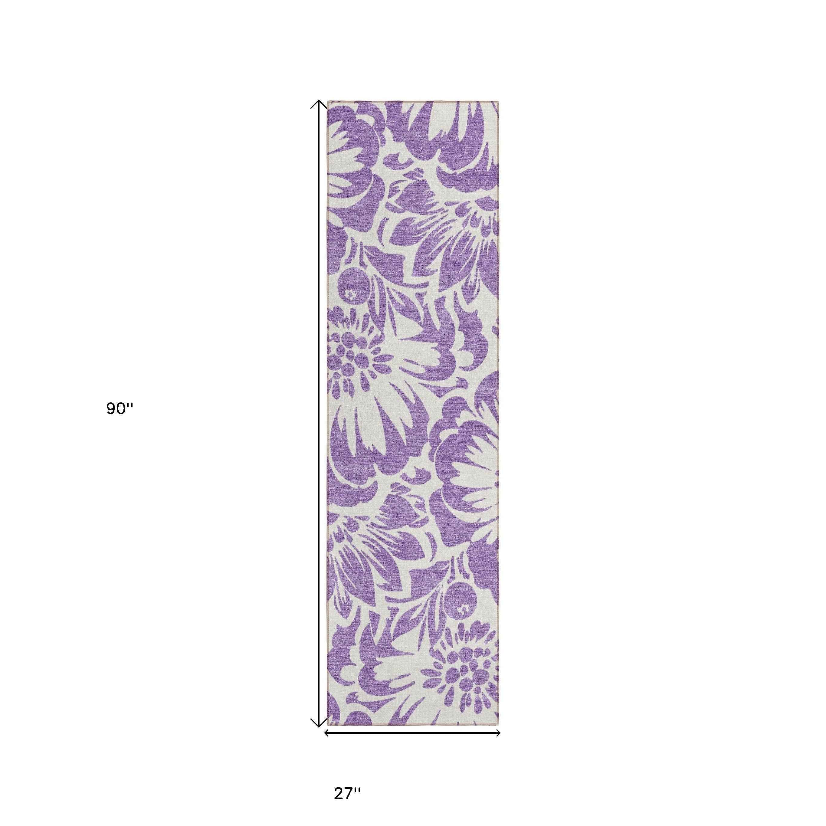 8' Runner Purple and Ivory Floral Washable Non Skid Indoor Outdoor Runner Rug