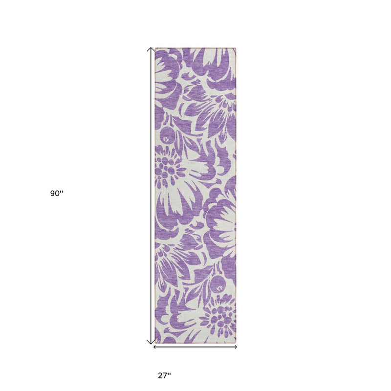 8' Runner Purple and Ivory Floral Washable Non Skid Indoor Outdoor Runner Rug