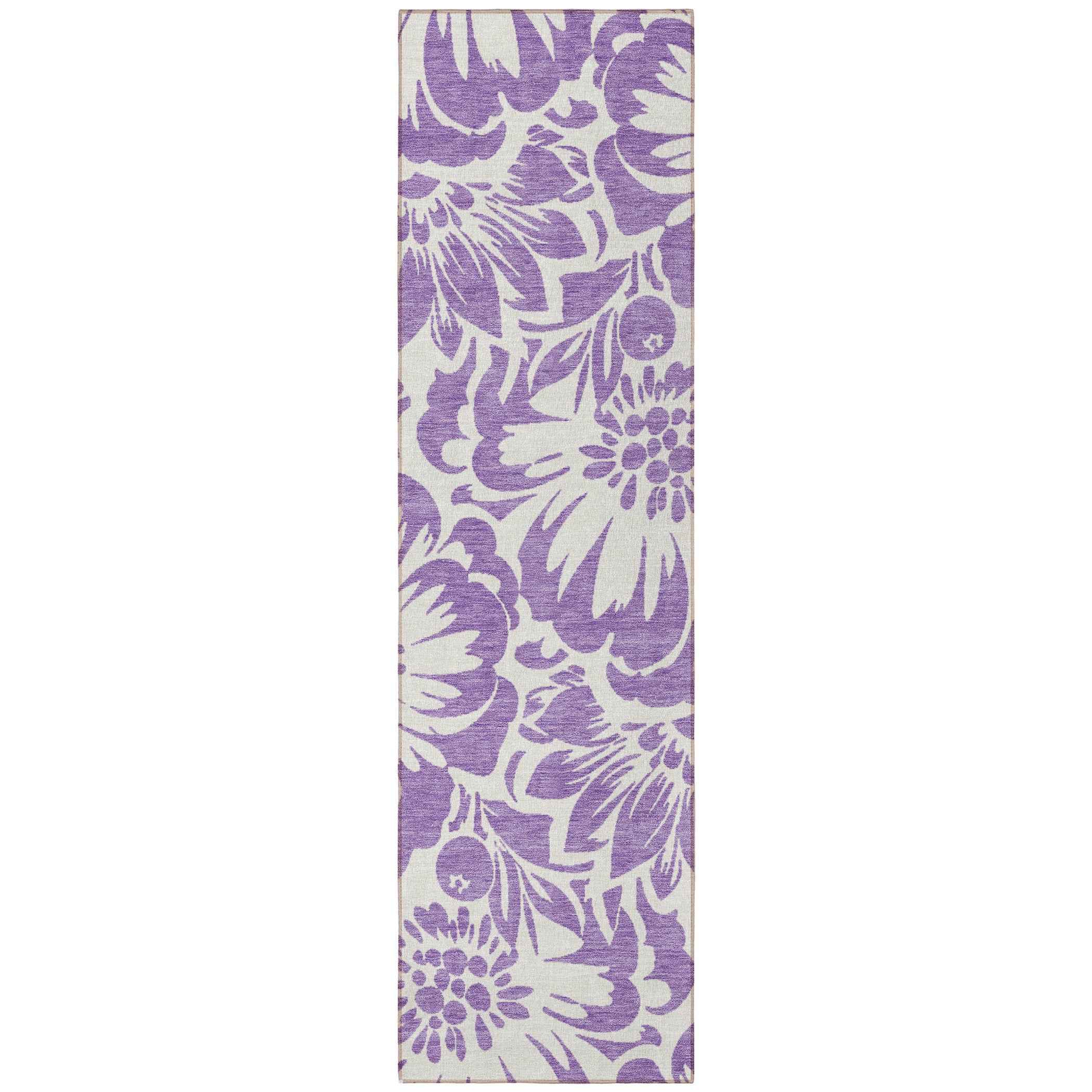 8' Runner Purple and Ivory Floral Washable Non Skid Indoor Outdoor Runner Rug