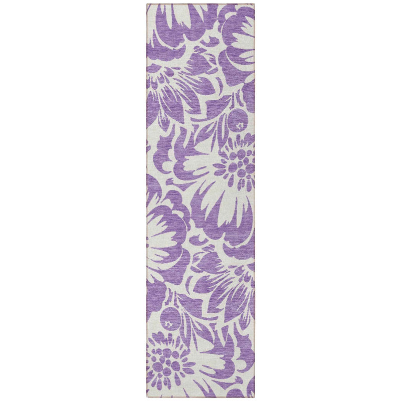 8' Runner Purple and Ivory Floral Washable Non Skid Indoor Outdoor Runner Rug