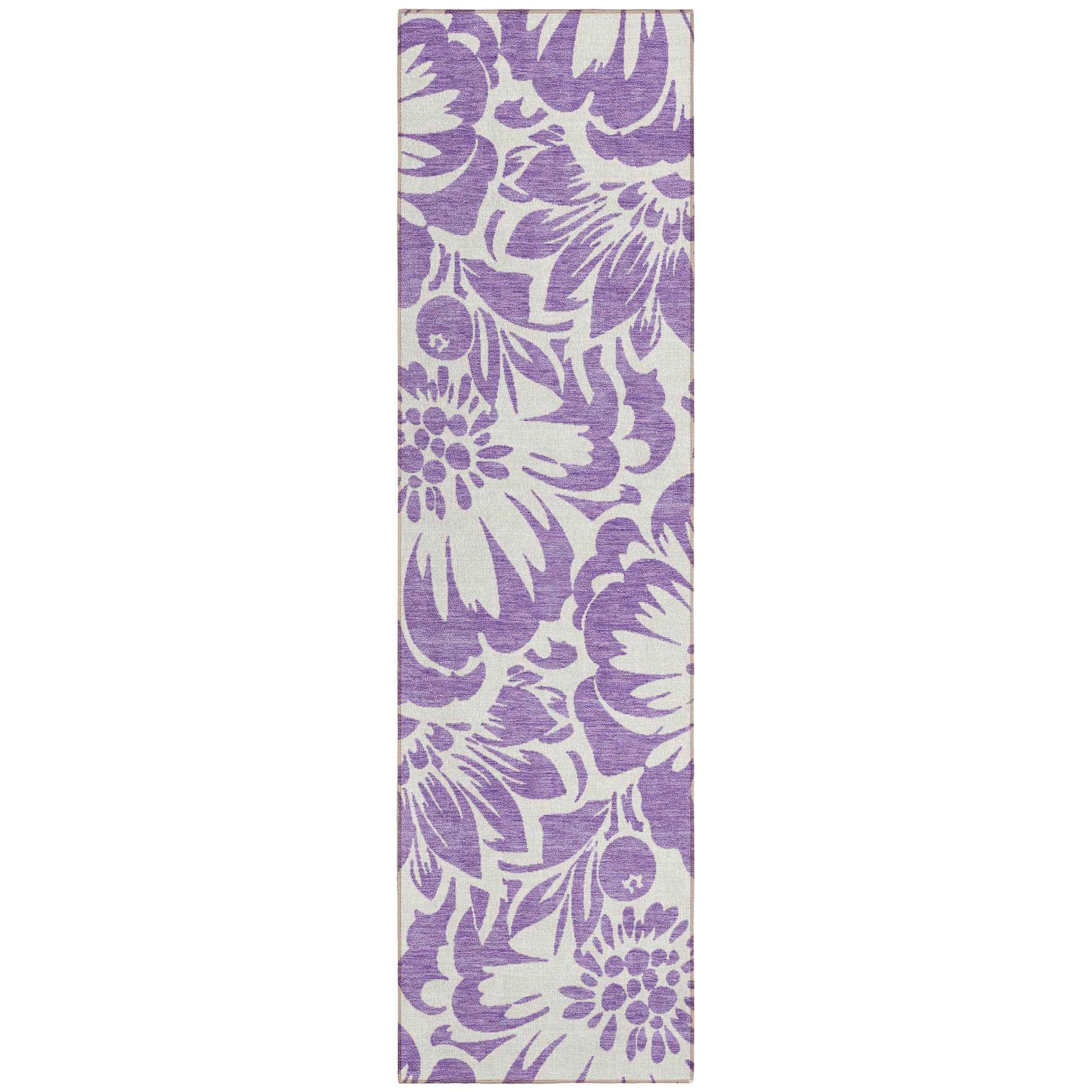 8' Runner Purple and Ivory Floral Washable Non Skid Indoor Outdoor Runner Rug