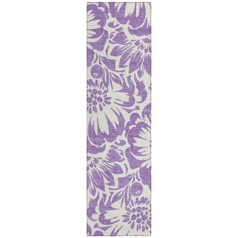 8' Runner Purple and Ivory Floral Washable Non Skid Indoor Outdoor Runner Rug