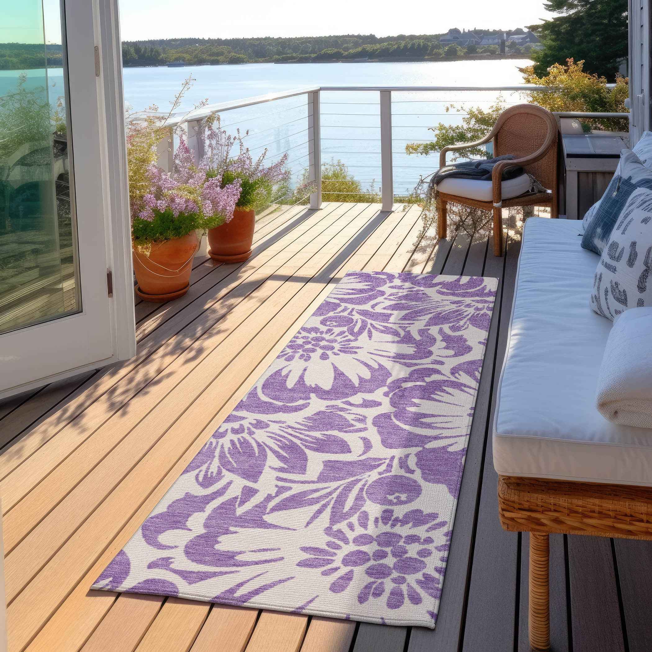 8' Runner Purple and Ivory Floral Washable Non Skid Indoor Outdoor Runner Rug