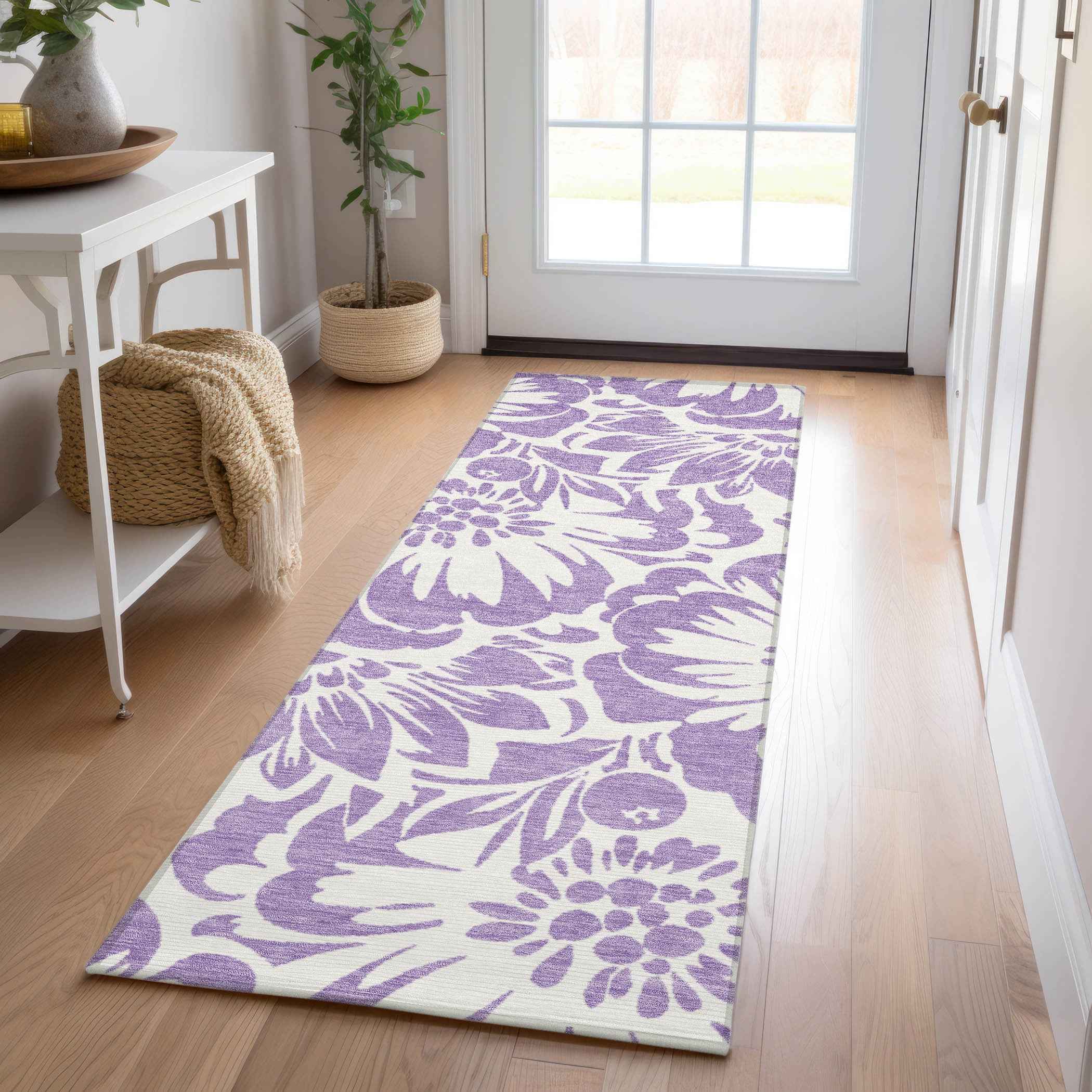 8' Runner Purple and Ivory Floral Washable Non Skid Indoor Outdoor Runner Rug