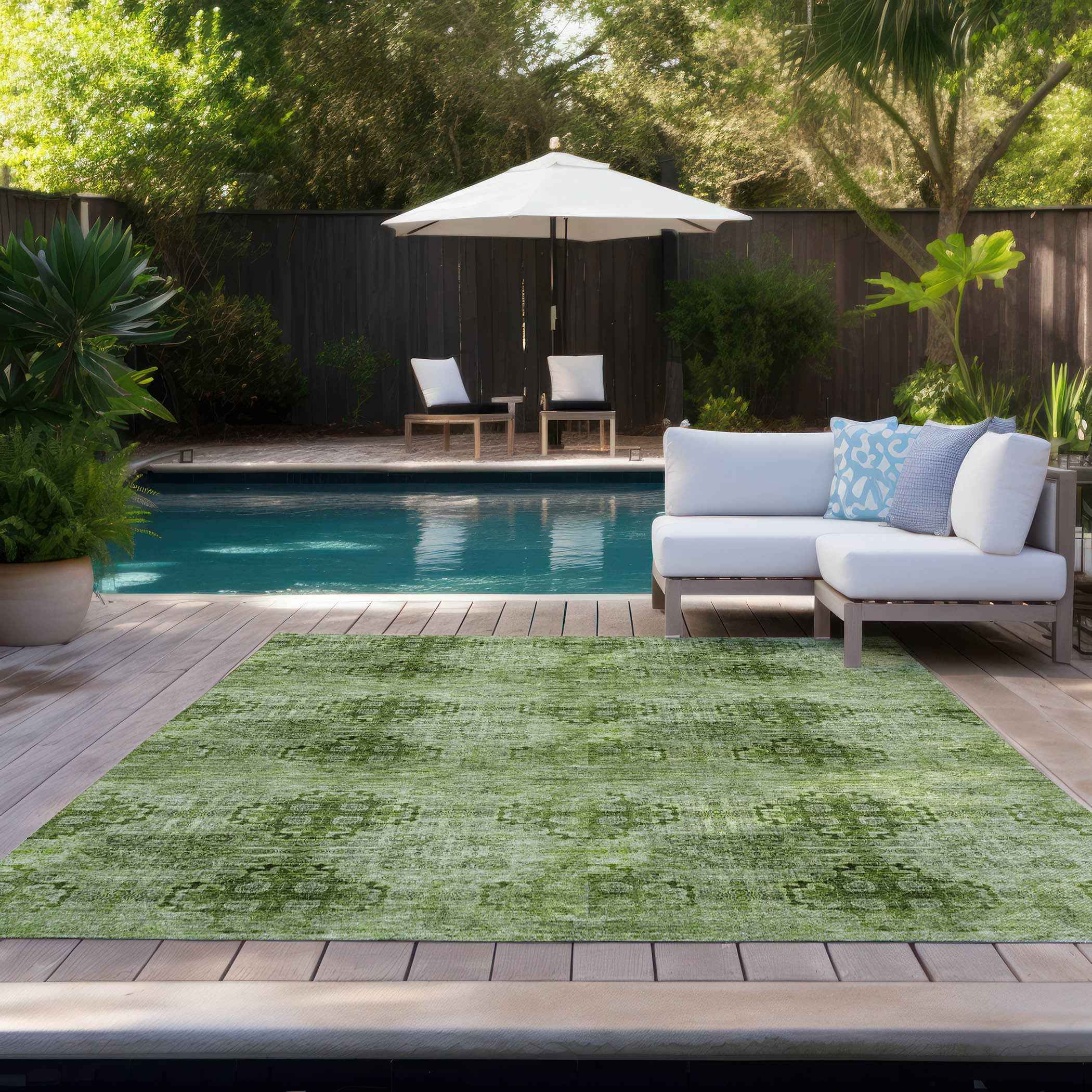 8' X 10' Olive Green Floral Medallion Washable Non Skid Indoor Outdoor Area Rug