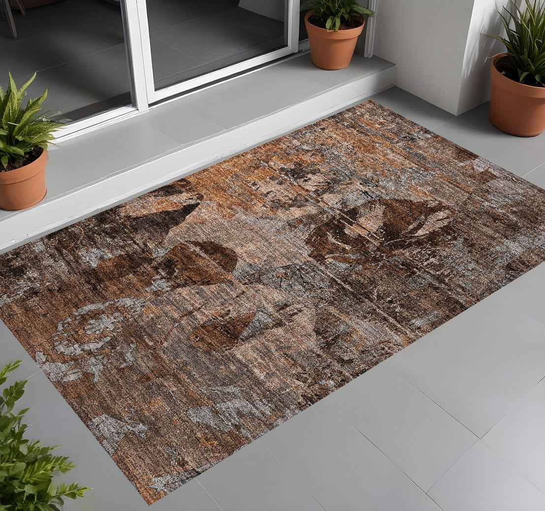 3' X 5' Brown Terracotta and Gray Floral Washable Non Skid Indoor Outdoor Area Rug